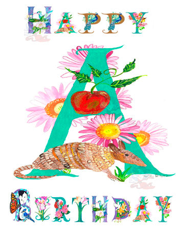 Kathy Poitras original Birthday Card hand-painted letter A, incorporating elements like Armadillos, Apples, and Asthers in a unique and special way.