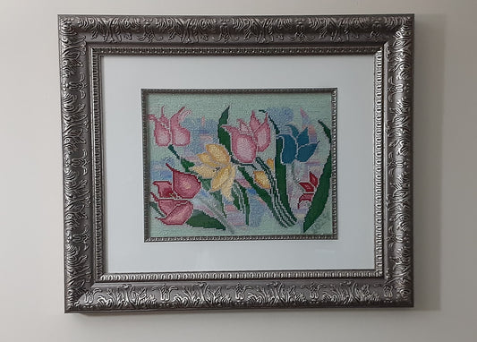 original art cross stitch tapestry tulips by Kathy Poitras