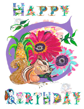 This personalized Birthday card features Kathy's original hand-painted letter C incorporating the natural elements of a Chipmunk and Chrysanthemum and Corn. in a unique and charming way,