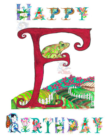 This personalized Birthday card features Kathy's original hand-painted letter F incorporating the natural elements of a Frog, Farm, and Flowers in a unique and charming way. 