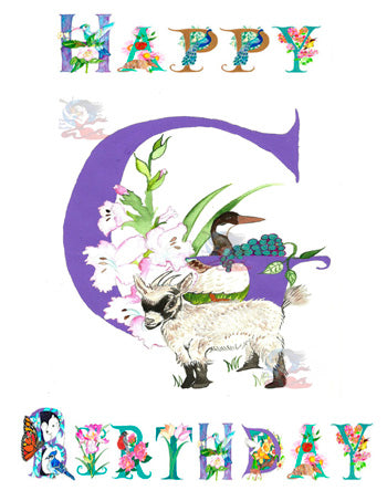 This personalized Birthday card features Kathy's original hand-painted letter G incorporating the natural elements of a Goat, Gladiolas, and a Goose in a unique and charming way,&nbsp;