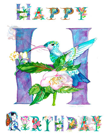 This personalized Birthday card features Kathy's original hand-painted letter H incorporating the natural elements of a Hummingbird and Hellabores,&nbsp; in a unique and charming way. 