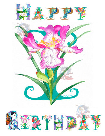 Experience the intricate details and personal touch of our personalized Birthday Card Letter I, featuring an Iris flower. Each card is uniquely adorned with a subtle touch of glitter by our talented artist, adding sparkle to your loved one's special day.