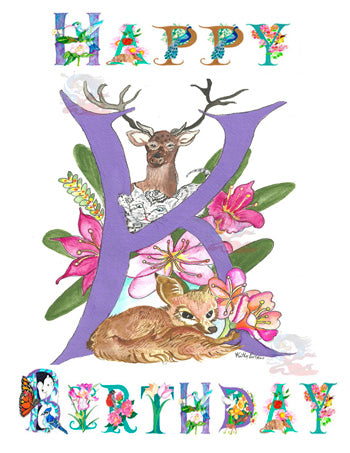 Personalized  Birthday Card Letter K  featuring a Kit Fox, Kaffir Lillies, King Stag