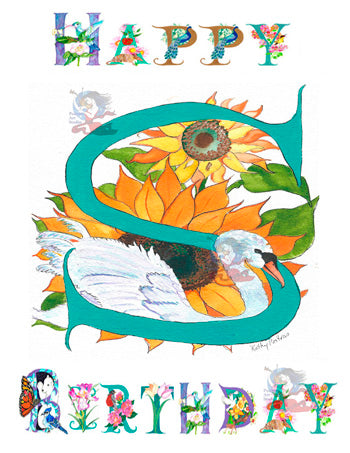 Personalized  Birthday Card Letter S, featuring a Swan and Sunflowers