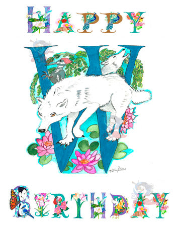 personalized Birthday Card Letter Letter W featuring a Wolf, and Waterlilies.&nbsp; Each card is handmade from a photographic print of Kathy Poitras' original artwork and is uniquely and lovingly adorned with a subtle touch of glitter by our talented artist, adding a touch of sparkle to your loved one's special day.