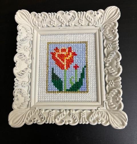 Cross stitch tulip.  2.5 x 3 inches.  original art framed.