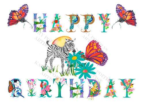 Birthday Card with a zebra and butterfly, and illuminated Birthday Message