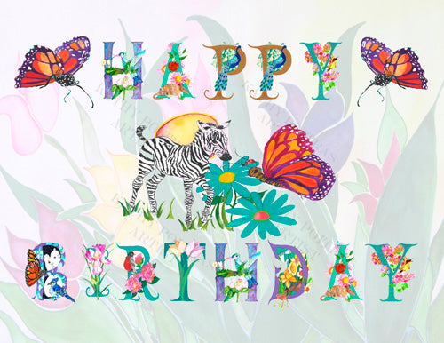 Birthday Card with Kathy's illustrated letters, and a zebra and butterfly