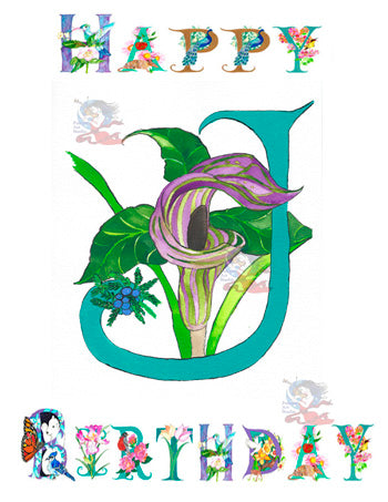 Experience the intricate details and personal touch of our personalized Birthday Card Letter J featuring Jack-in-the-pulpit. Each card is uniquely adorned with a subtle touch of glitter by our talented artist, adding sparkle to your loved one's special day.