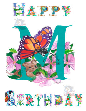 Experience the intricate details and personal touch of our personalized Birthday Card Letter M featuring the vibrant images of a Monarch Butterfly, a cute little Mouse, and Mallows. Each card is handmade from a photographic print of Kathy Poitras' original artwork and is uniquely and lovingly adorned with a subtle touch of glitter by our talented artist, adding sparkle to your loved one's special day.