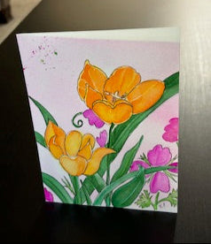 Two orange tulips with Fuchsia inspired flowers photographic art card