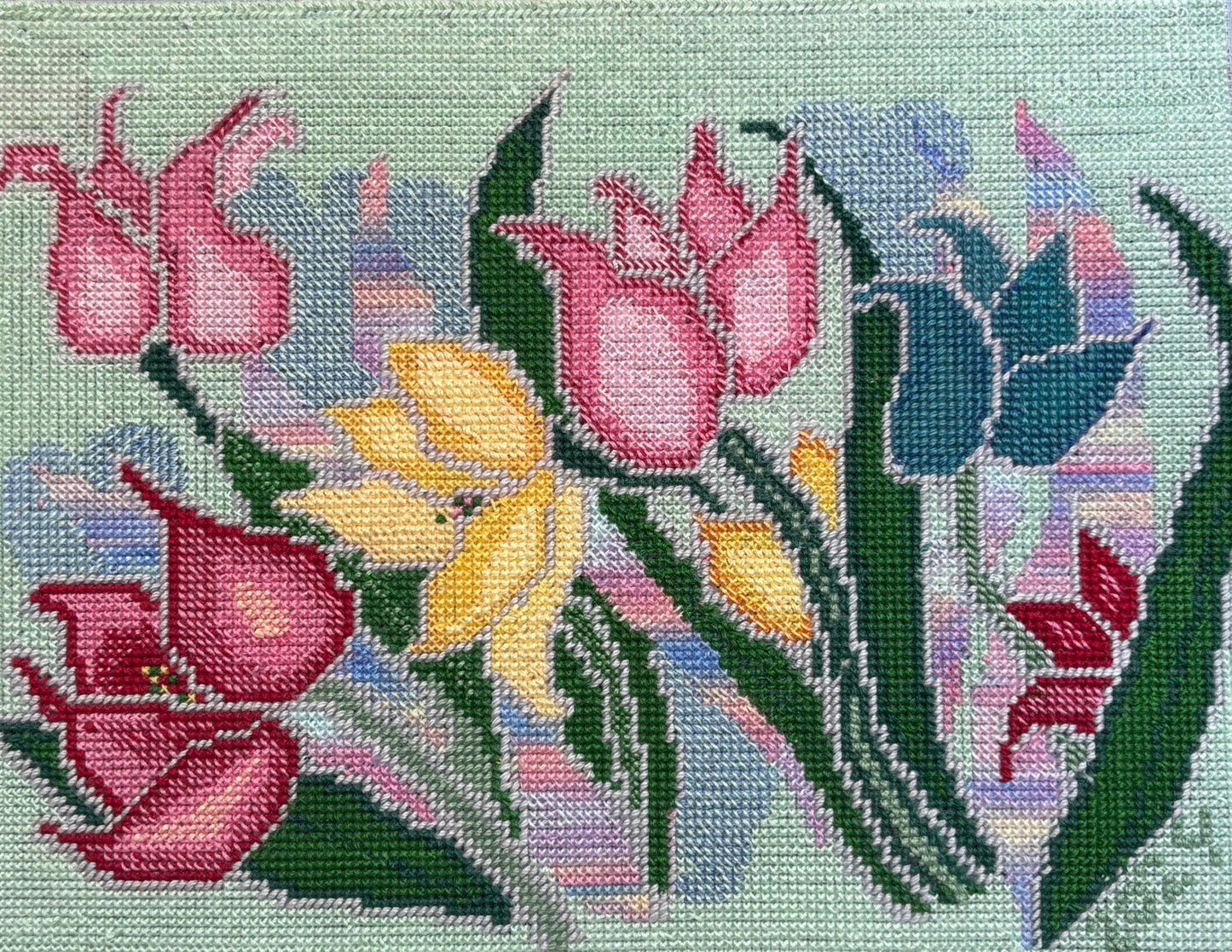 Hand Made photographic Art Card of Cross Stitched Tulips