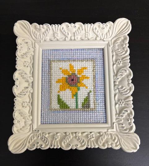 Cross stitch sunflower.  2.5 x 3 inches.  original art framed.