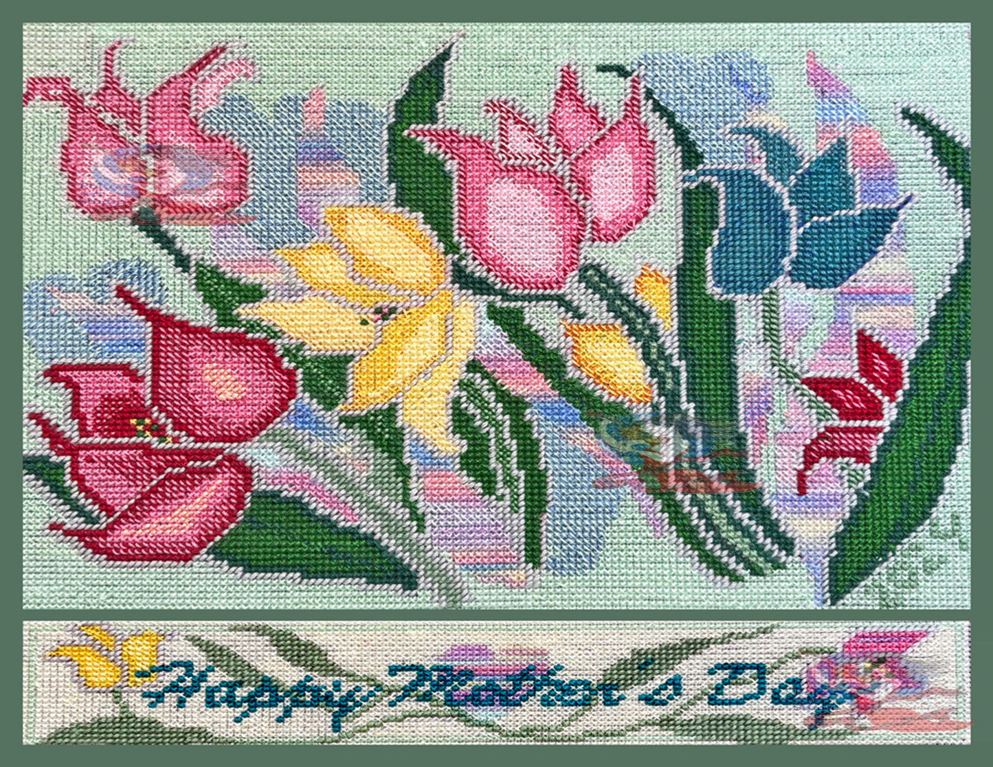 Hand Made photographic Mother's Day Card of Cross Stitched Tulips